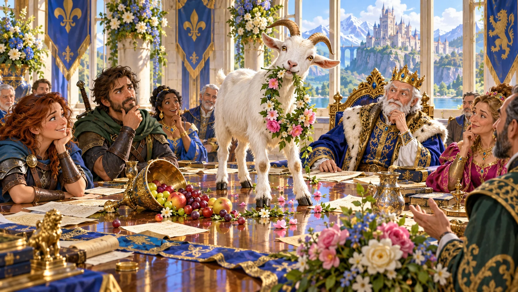 A goat interrupts a royal council scene while adventurers consider it